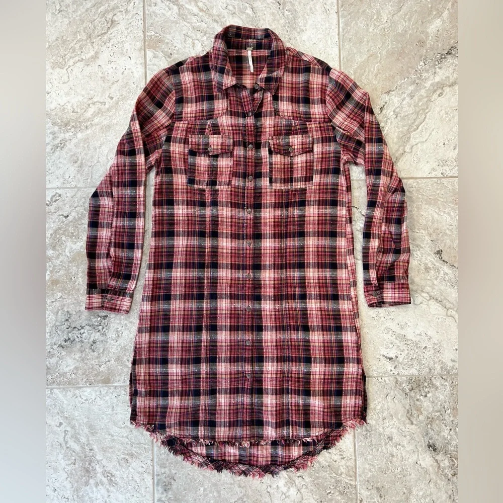 Free People Eight Days A Week Plaid Button Down Shirt Dress, Red/Navy Blue, sz S